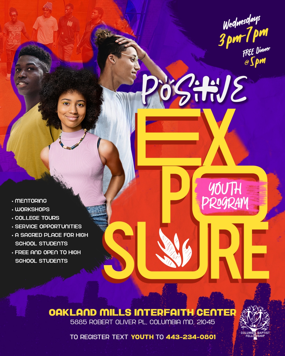 Positive Exposure Youth Program flyer — Wednesdays 3-7 PM, free dinner at 5, Oakland Mills Interfaith Center